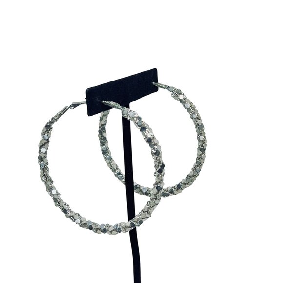 Large Silver Tone Wrapped Hoop Pierced Earrings (5540) - Picture 1 of 5